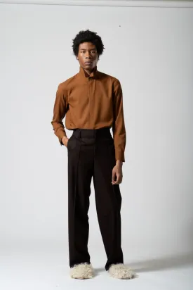 Wool Flannel Pleated Trouser in Brown